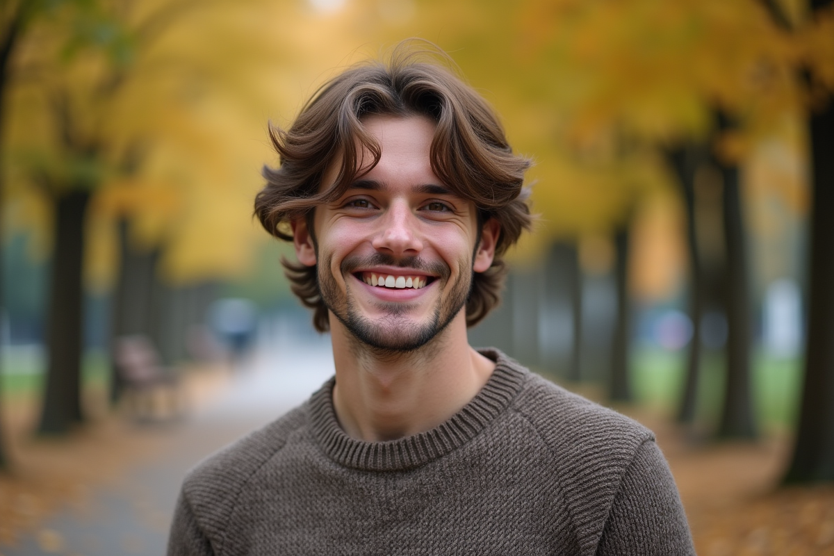 Jeune homme souriant dans un parc en automne