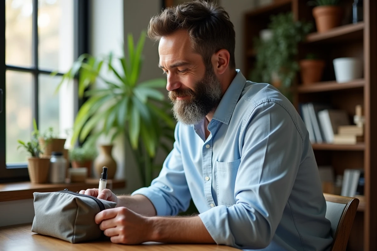 Homme avec barbe organisant produits de grooming