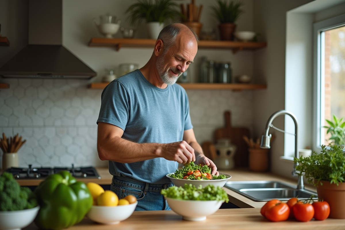 Homme en cuisine préparant une salade dans une cuisine organisée