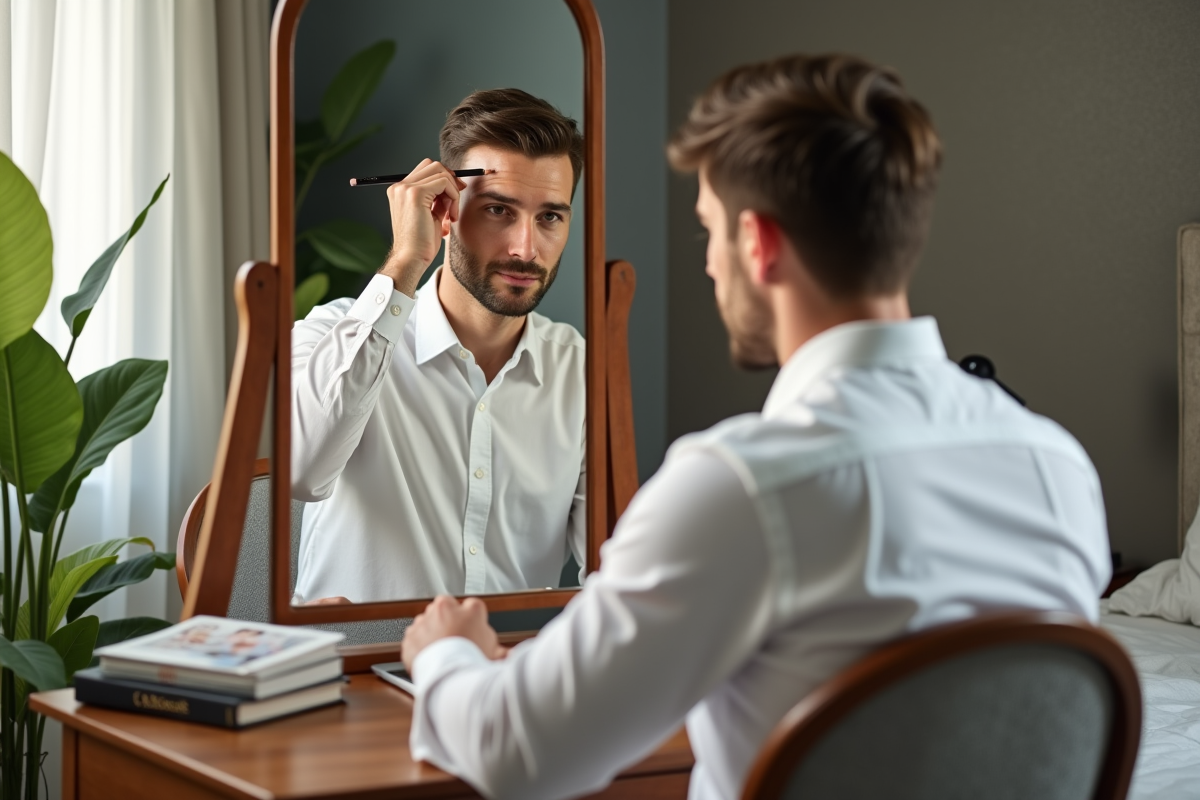 Homme se coiffant devant un miroir dans une chambre lumineuse
