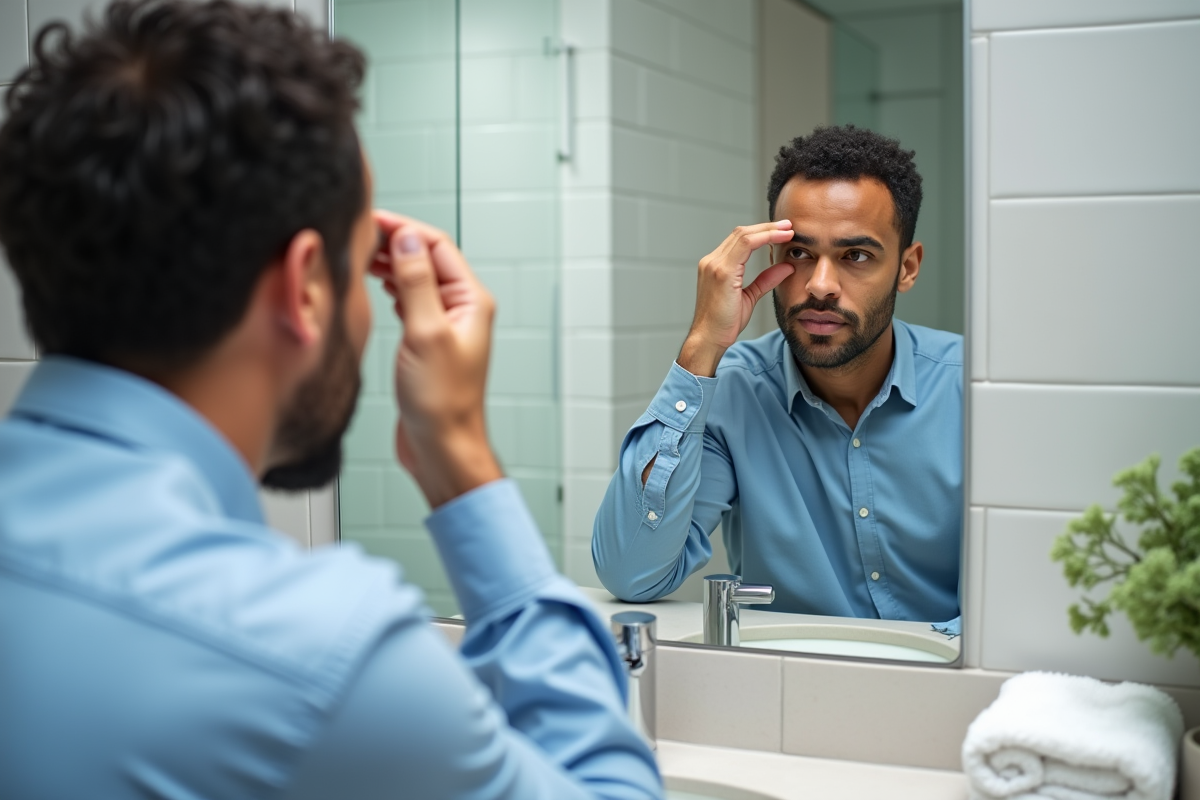 Homme se coiffant devant un miroir de salle de bain moderne