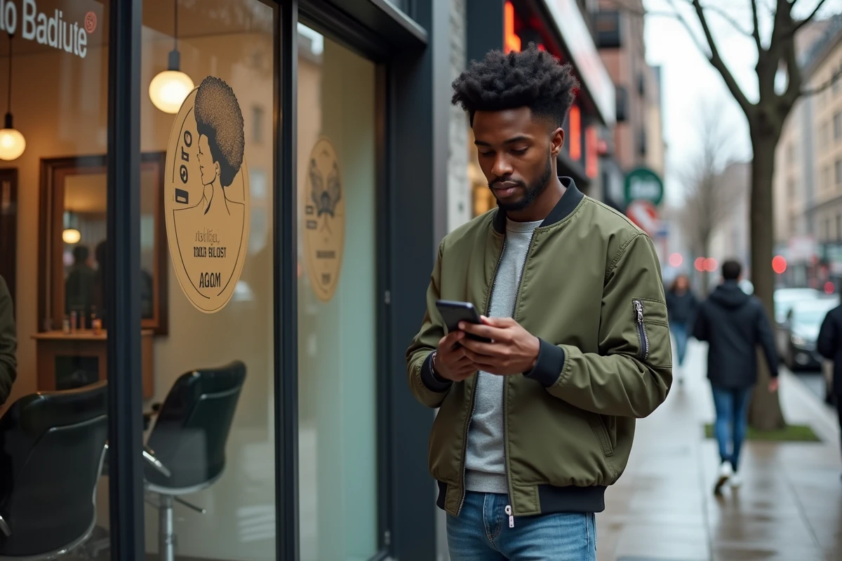 Jeune homme noir consultant les avis d'un salon de coiffure afro spécialisé sur son smartphone devant la devanture du salon