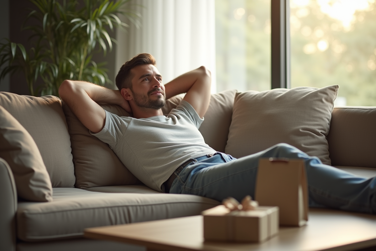 Homme détendu sur un canapé à la maison en matinée
