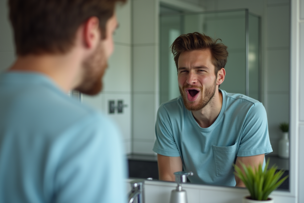 Jeune homme respirant dans un miroir de salle de bain