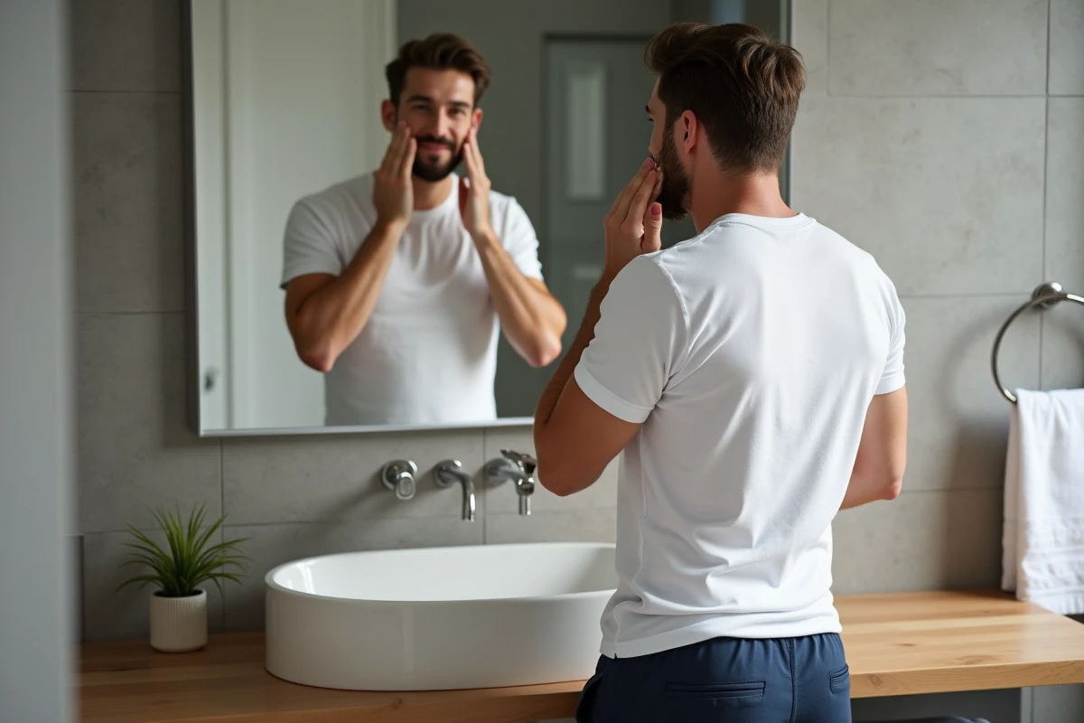Homme appliquant une creme visage dans sa salle de bain