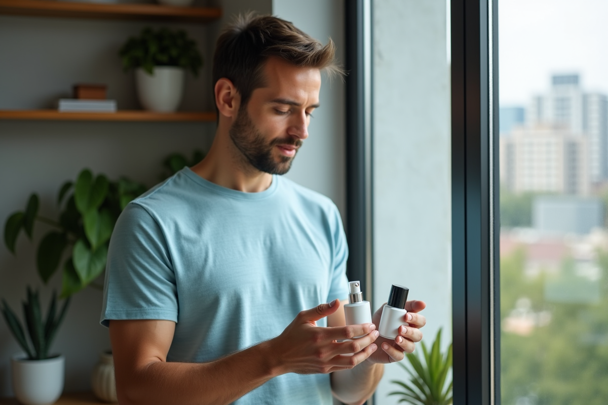 Homme examine produits de soin dans son salon lumineux