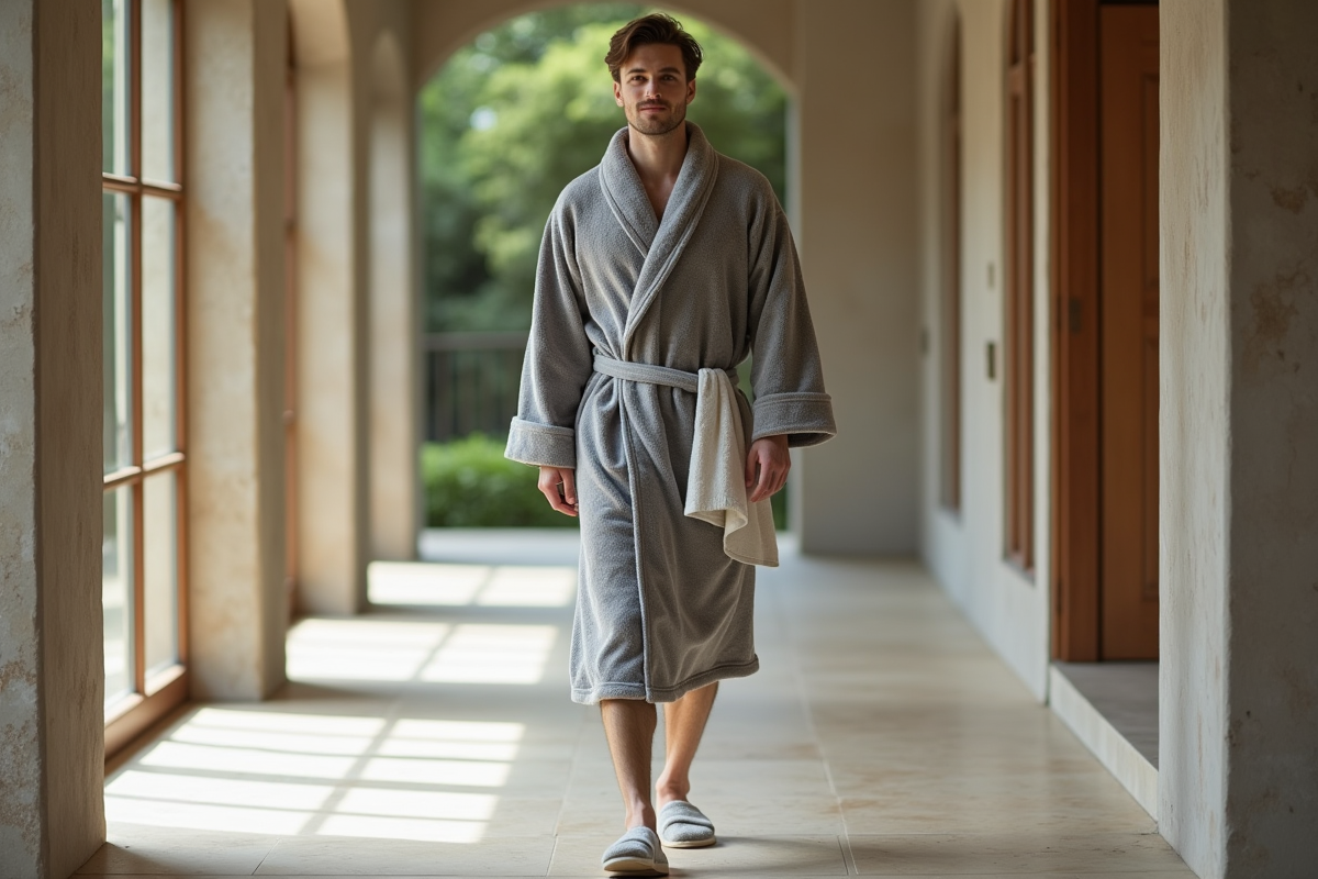 Homme en peignoir gris marchant dans un spa intérieur