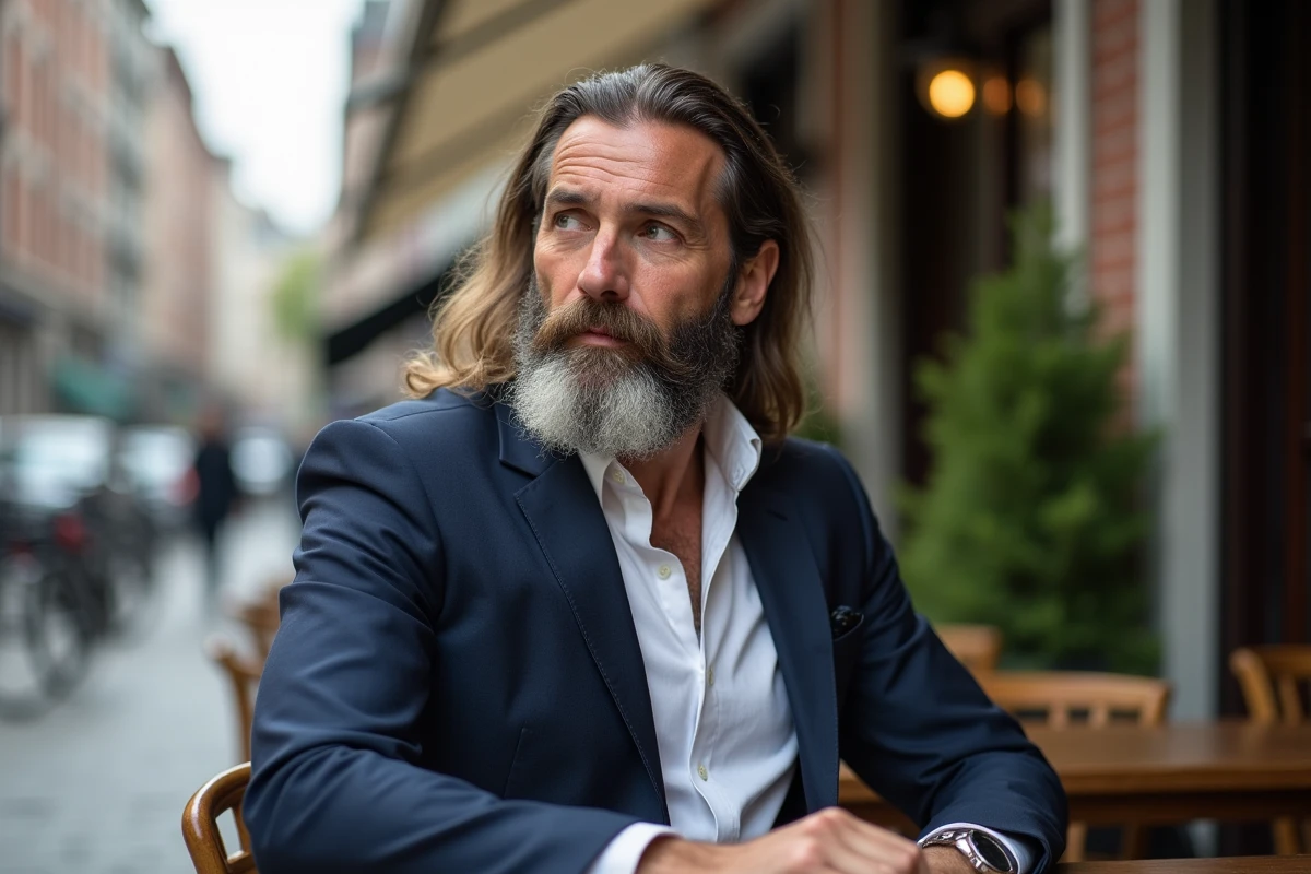Homme en costume dans un café en plein air en ville