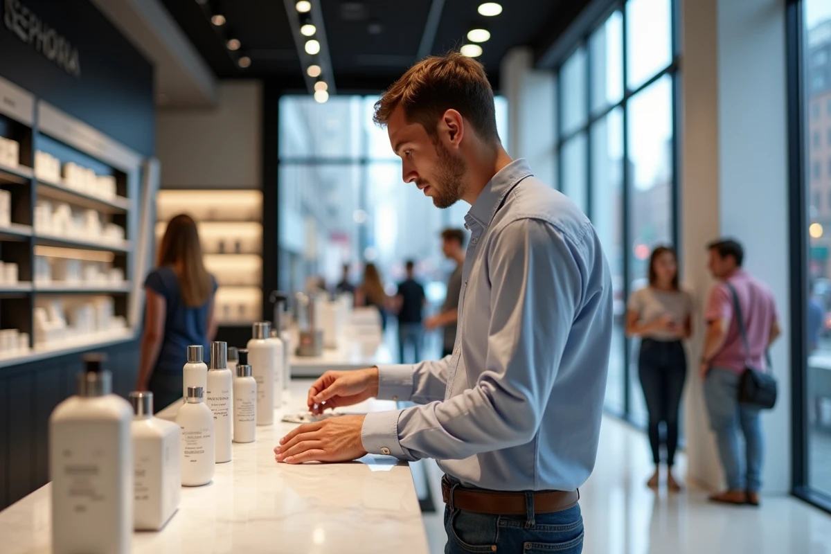Jeune homme examinant un testeur de produits dans Sephora