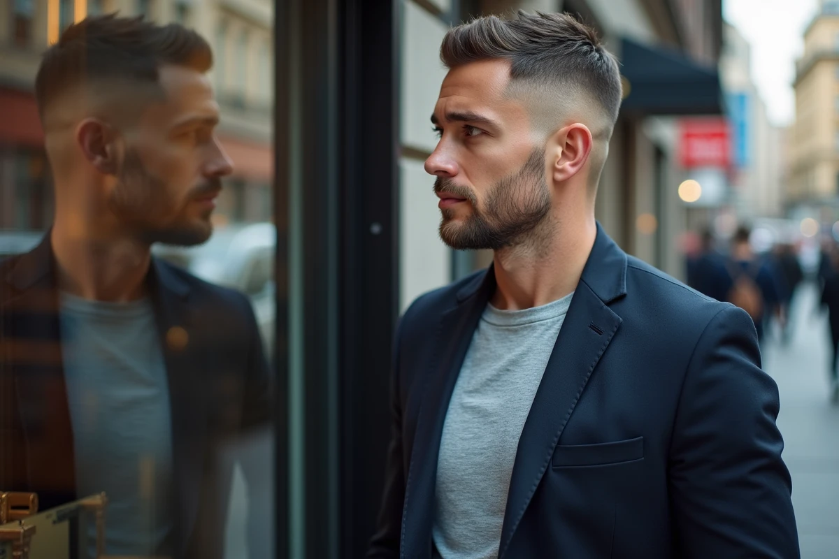 Homme vérifiant sa coupe de cheveux en ville