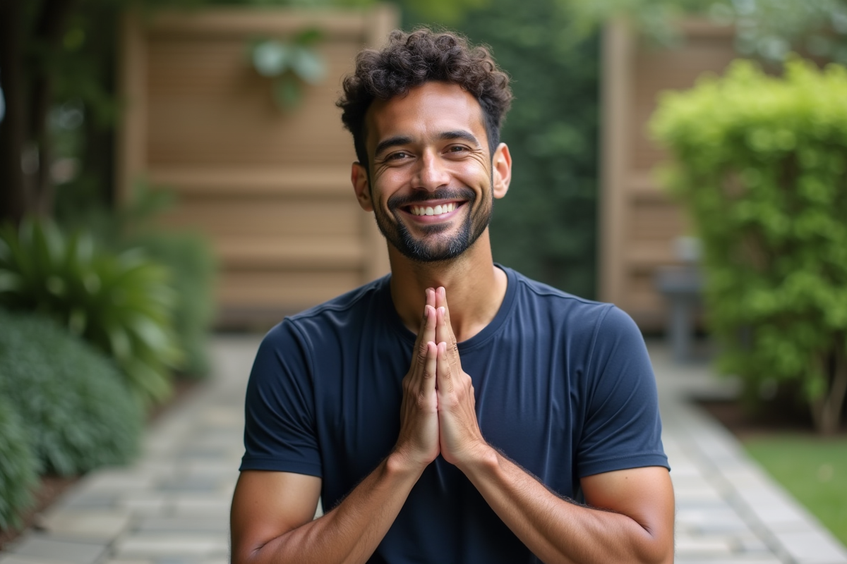 Homme faisant un exercice de yoga facial en extérieur