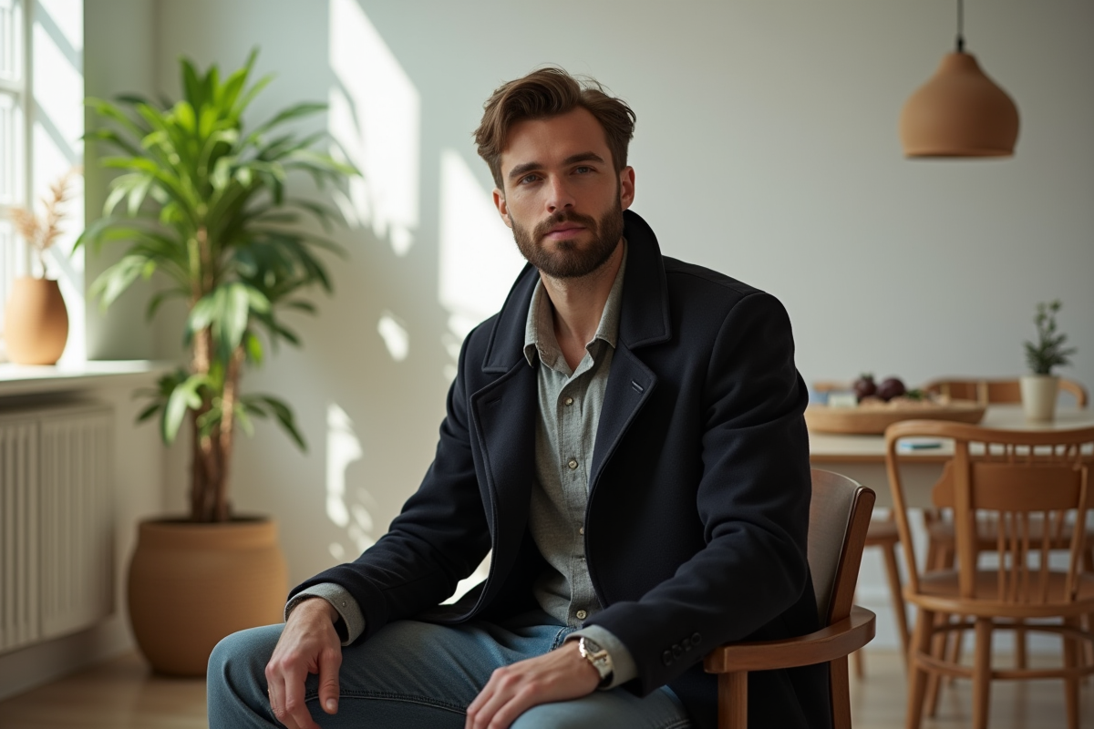 Homme en trench dans espace intérieur scandinave
