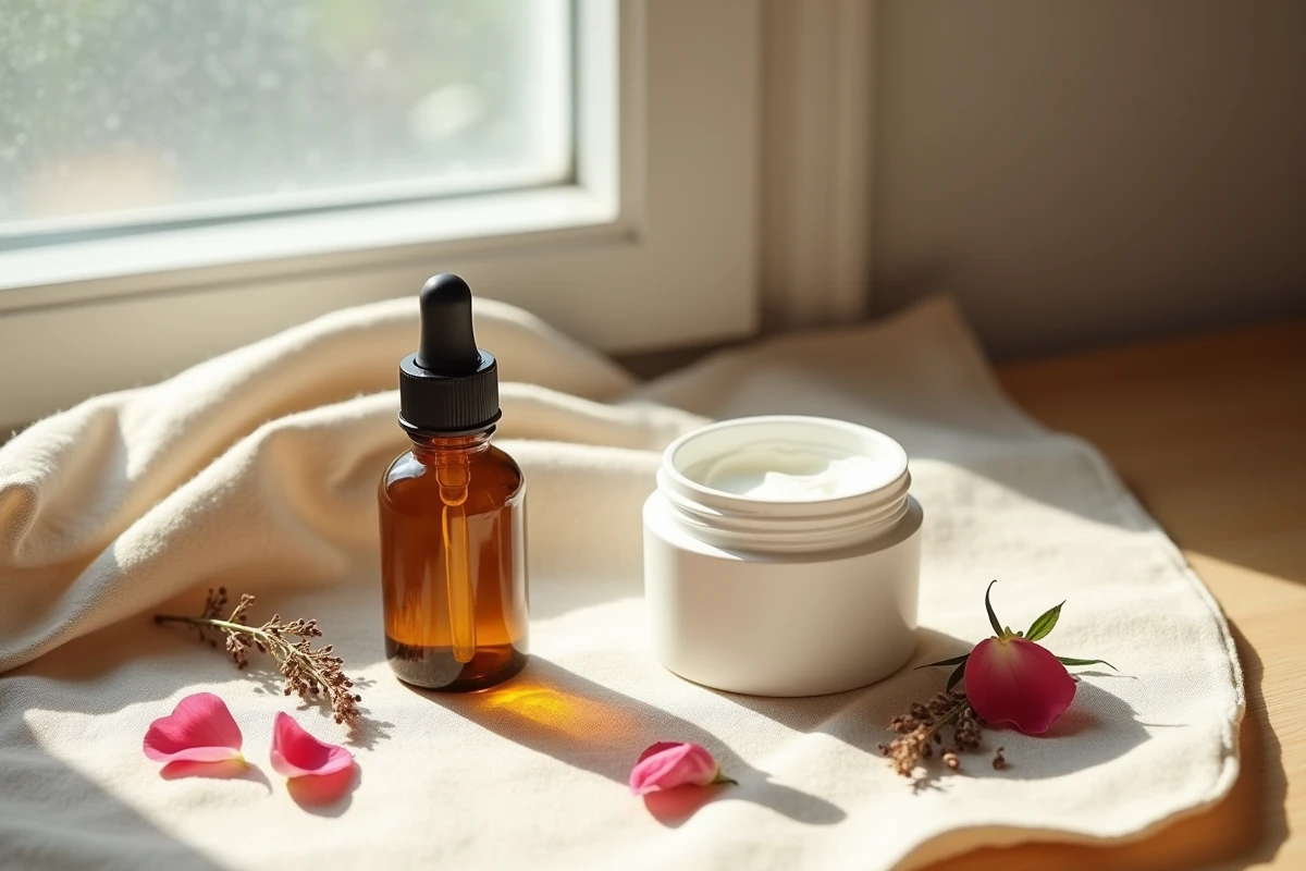 Comparaison entre une huile visage en flacon compte-gouttes et une crème hydratante en pot sur fond de lin naturel