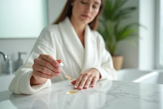 Femme appliquant un sérum de soin sur ses ongles naturels devant un lavabo en marbre, geste doux et précis pour traiter une infiltration d'ongle
