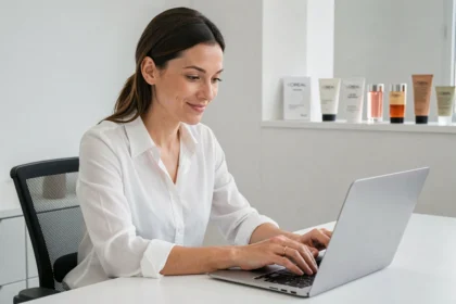 Employée L'Oréal s'inscrivant sur le nouveau site de vente au personnel depuis son bureau