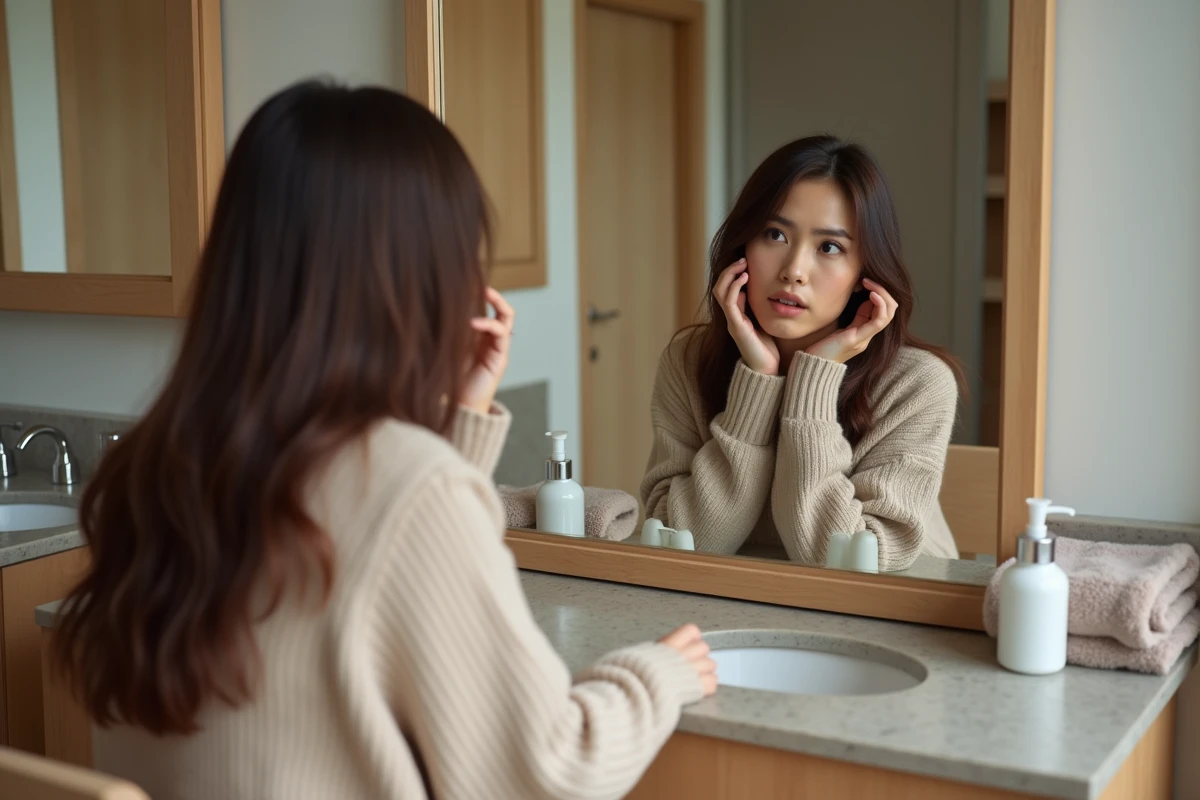 Jeune femme dans sa salle de bain moderne et chaleureuse