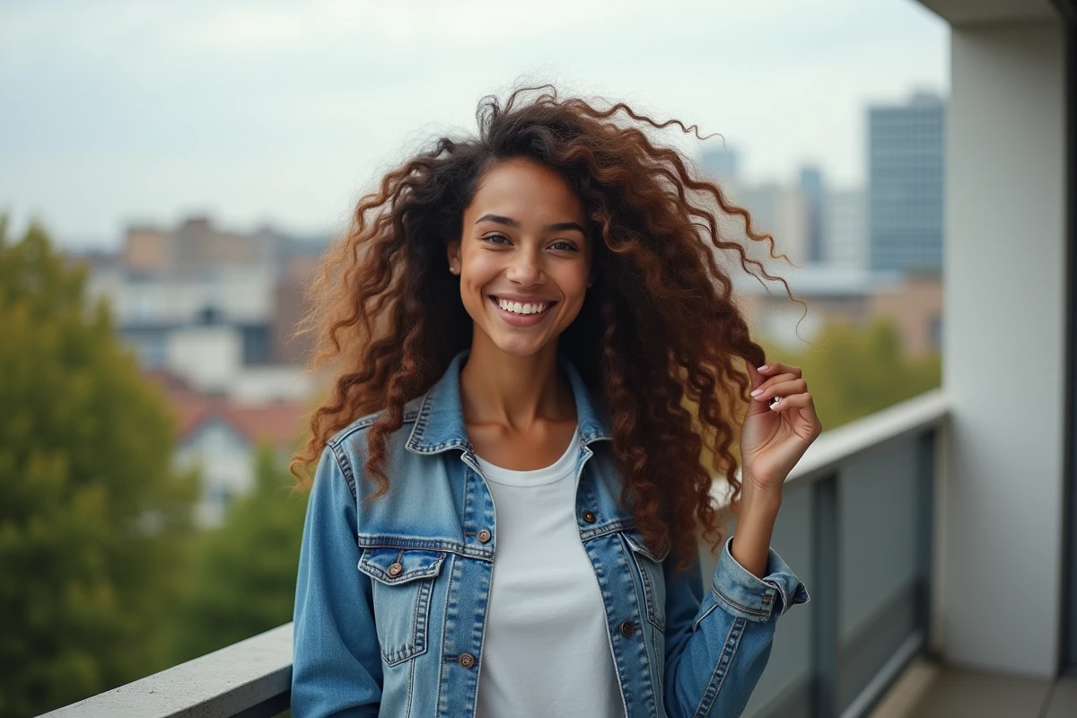 Jeune femme avec cheveux bouclés sur un balcon urbain