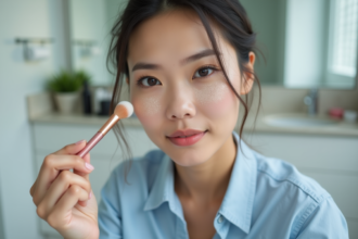 Jeune femme appliquant un illuminateur naturel sur ses joues