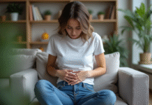 Jeune femme en jeans et t-shirt blanc touchant son abdomen