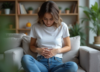 Effets des jeans serrés sur le ventre : conseils pour éviter les problèmes de digestion Jeune femme en jeans et t-shirt blanc touchant son abdomen