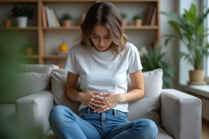 jeune-femme-jeans-tshirt Jeune femme en jeans et t-shirt blanc touchant son abdomen
