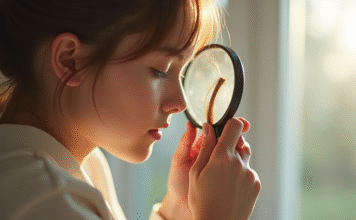 Tester l’état de santé de vos cheveux : méthodes efficaces à essayer Jeune femme examinant un cheveu près d'une fenêtre en lumière naturelle