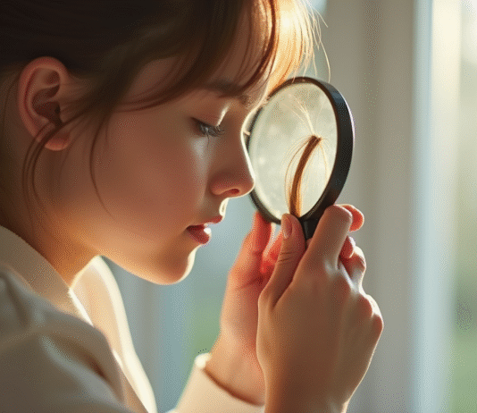 Jeune femme examinant un cheveu près d'une fenêtre en lumière naturelle