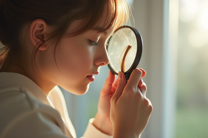 Jeune femme examinant un cheveu près d'une fenêtre en lumière naturelle