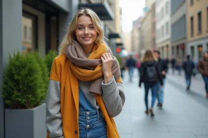 Jeune femme mode en ville avec tenue colorblock