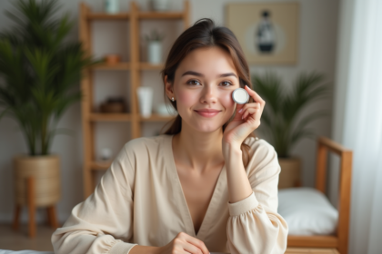 Jeune femme appliquant de la poudre sur le visage