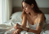Jeune femme assise sur son lit avec tatouage floral visible