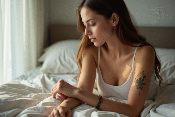 Jeune femme assise sur son lit avec tatouage floral visible