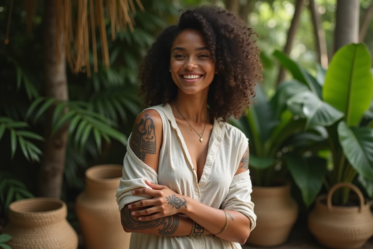 Jeune femme avec tatouage tribal sur le bras en milieu tropical