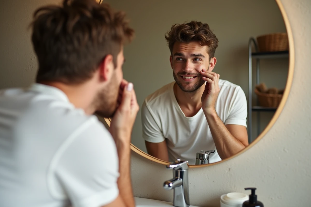 Jeune homme appliquant du savon noir sur la joue dans un intérieur cosy