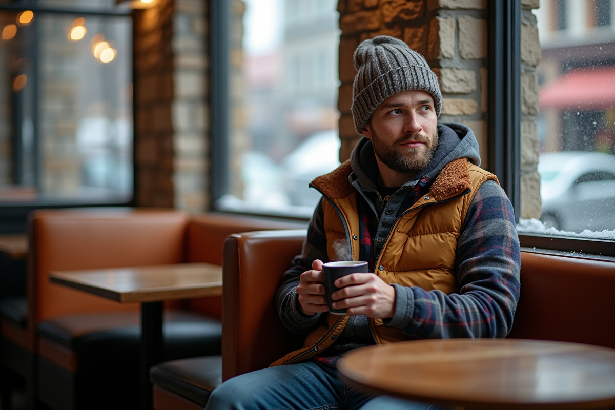Jeune homme dans un cafe hiver avec tasse chaude