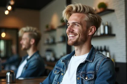 Jeune homme souriant dans un salon de coiffure moderne