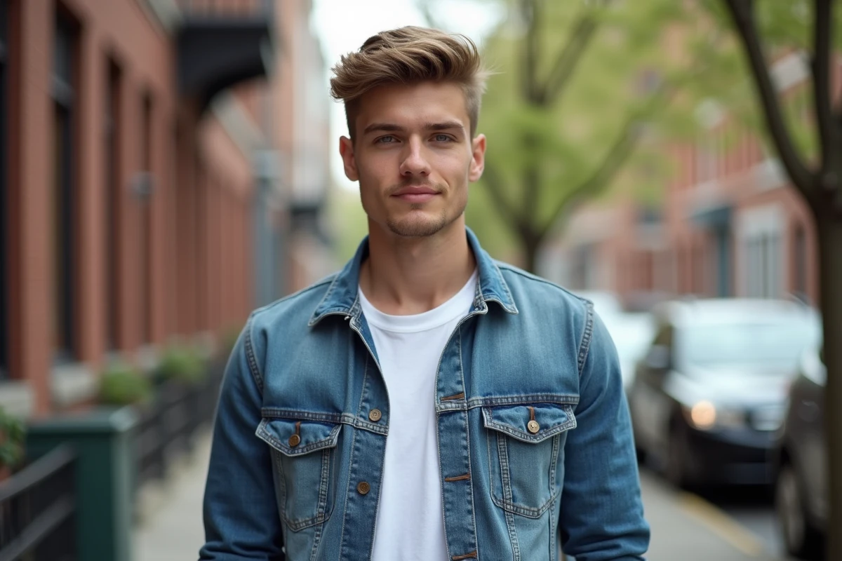 Jeune homme décontracté en ville avec coupe effilée