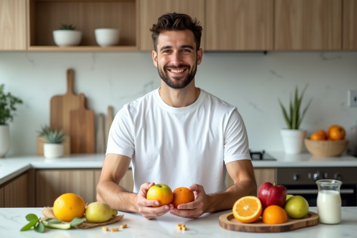Jeune homme avec fruits dans une cuisine moderne