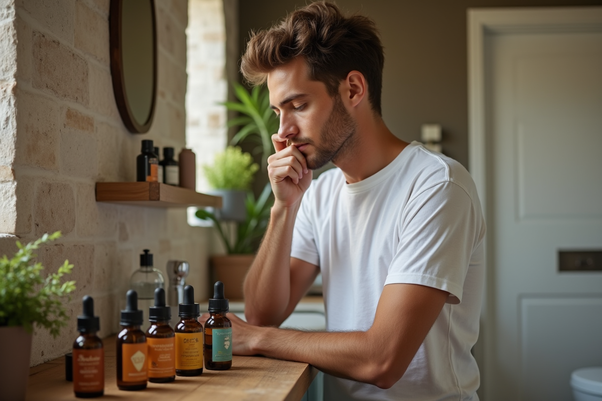 Jeune homme examine des bouteilles d