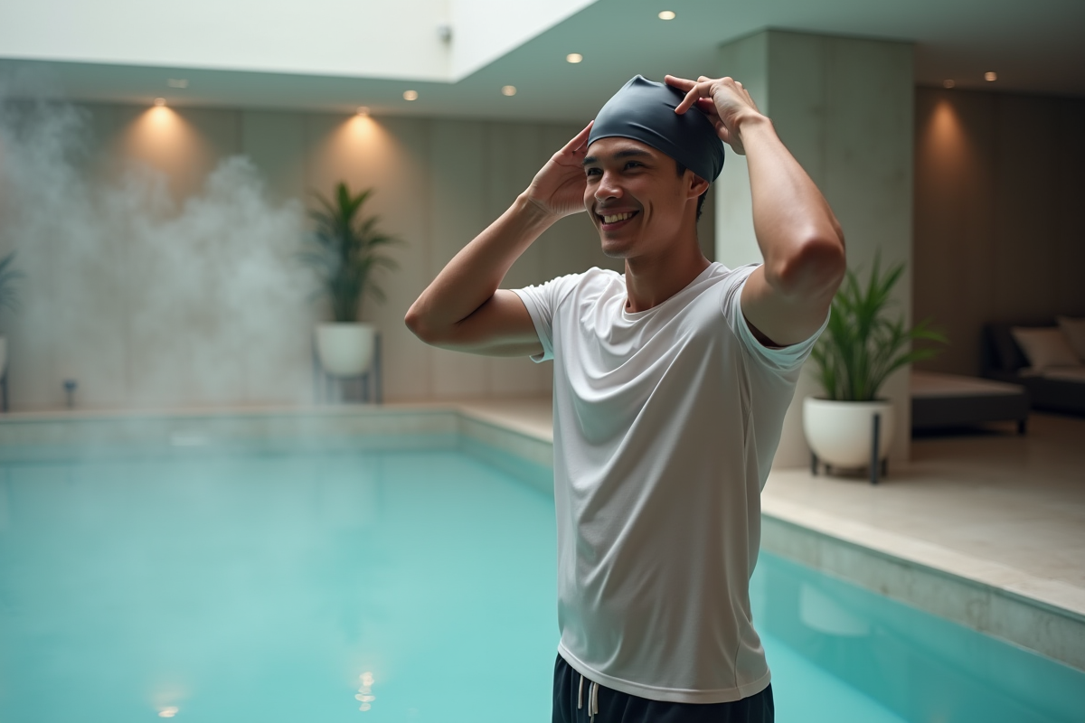 Jeune homme ajustant son bonnet de bain près de la piscine