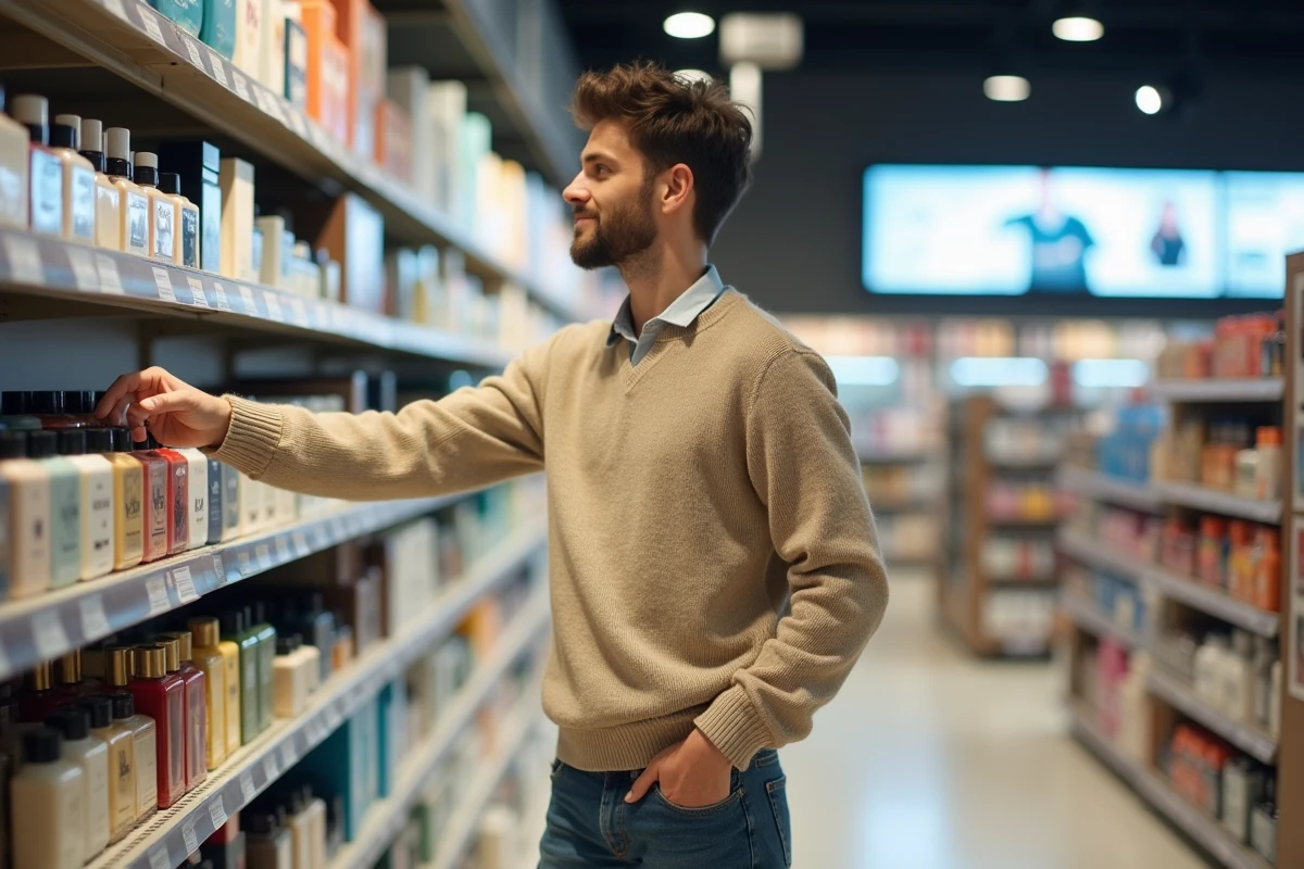 Jeune homme regardant les parfums dans un supermarché lumineux