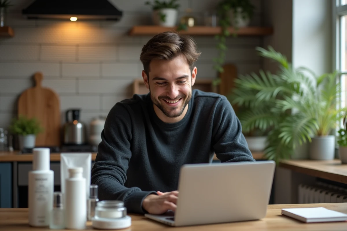 Jeune homme à la maison recherchant des soins sur son ordinateur