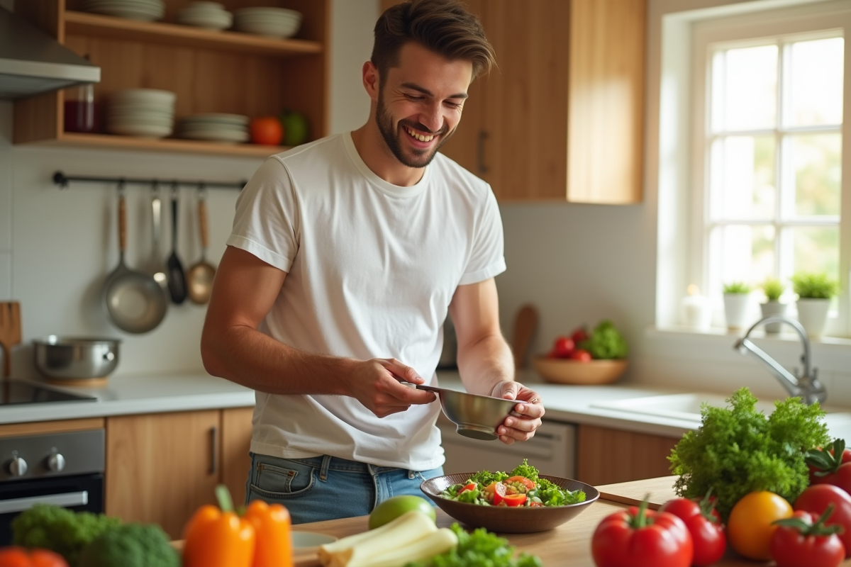 Jeune homme préparant une salade dans une cuisine lumineuse