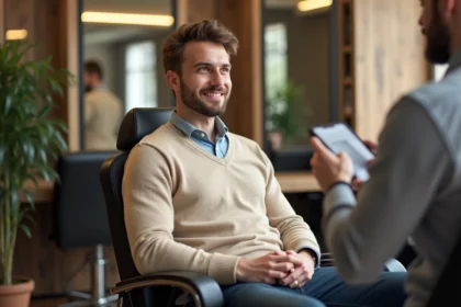 Jeune homme en salon de coiffure moderne avec son barbier