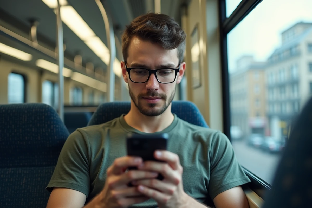 Jeune homme sceptique utilisant son smartphone dans le train