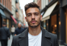 Tendances coiffure homme : quelle coupe adopter ? Jeune homme en ville avec coupe textured et manteau
