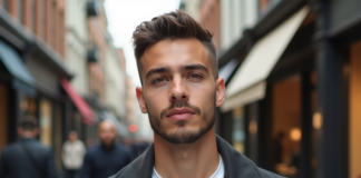 Tendances coiffure homme : quelle coupe adopter ? Jeune homme en ville avec coupe textured et manteau