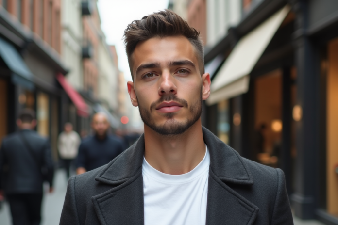 jeune-homme-styl-ville Jeune homme en ville avec coupe textured et manteau