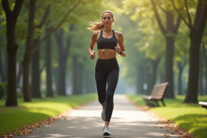 Femme sportive courant dans un parc urbain au matin