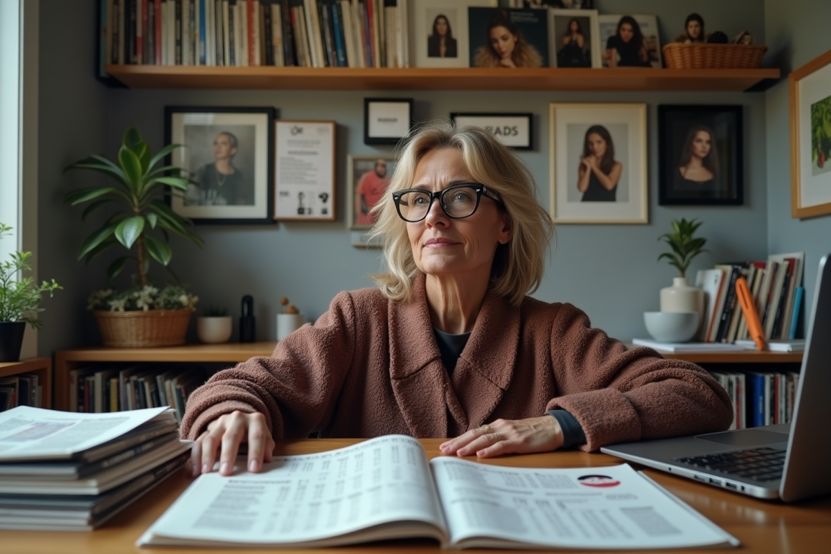 Journaliste musicale dans un bureau avec magazines et vinyles